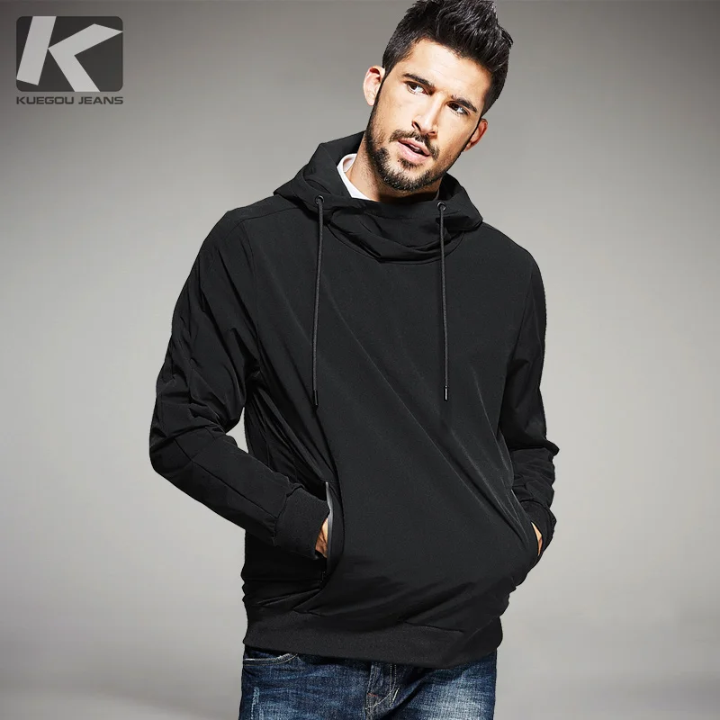 KUEGOU New Autumn Mens Casual Hoodies Pocket Black Color Brand Clothing