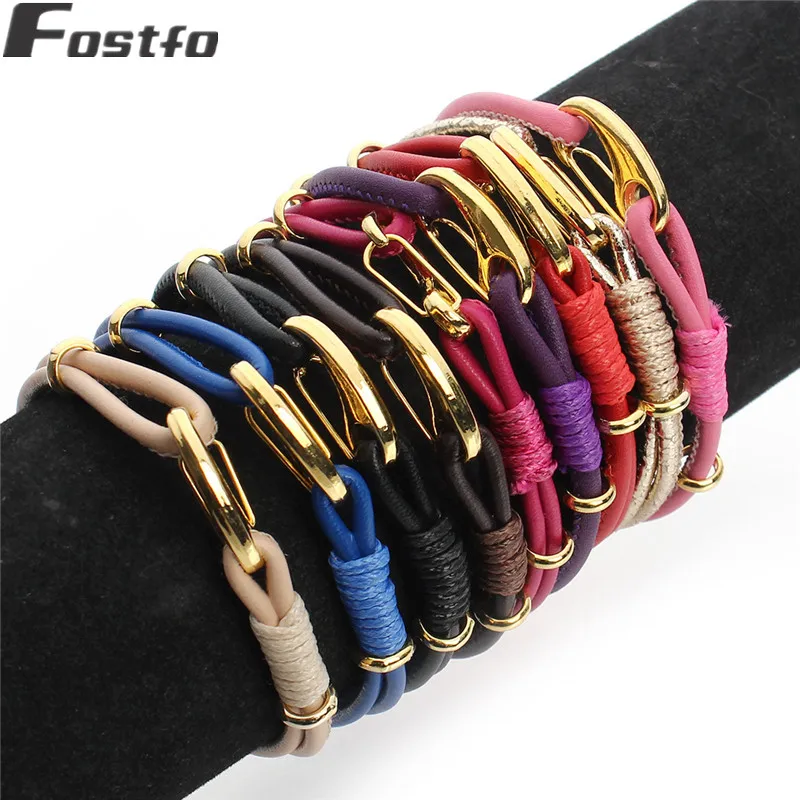 Модные кожаные Разноцветные двухслойные застежки для женщин браслеты ручной