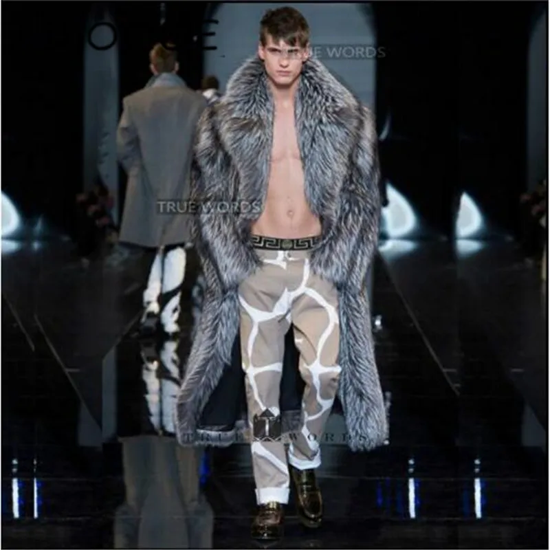 Известный бренд Мужская имитация лисы пальто с мехом Длинный дизайн экологичный мех пальто Мужчины толстые искусственная кожа шерсть