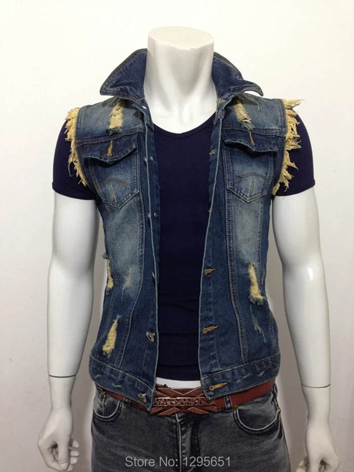 Free Shipping Dark Blue Men Torn Destroyed Jean Vest Classic Vintage