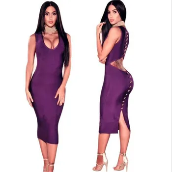 

Fashion Bandage Rivet Dress Sexy Women Night Club Evening Party Sleeveless Bodycon V-Neck Hole Knee-Length Dresses Wholesale