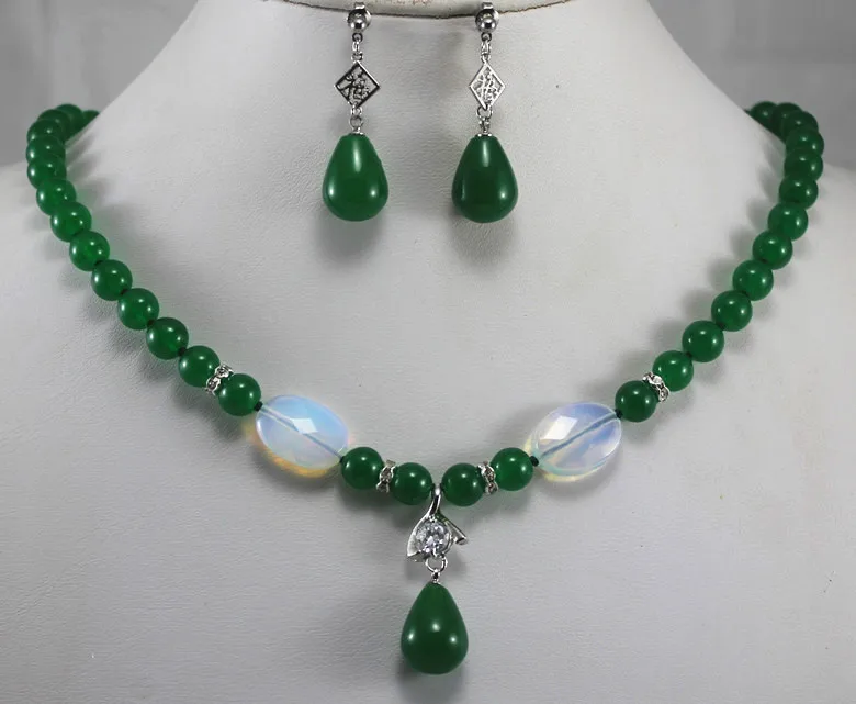 

new design! Wholesale 8mm green jade necklace+l dangle jade/crystal earring & pendant necklace jewelry set