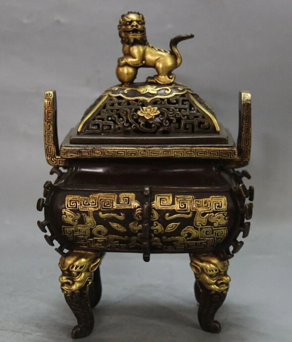 

xd 002514 8"Marked Chinese Purple Bronze 24K Gold Flower lion Incense Burner Censer Statue