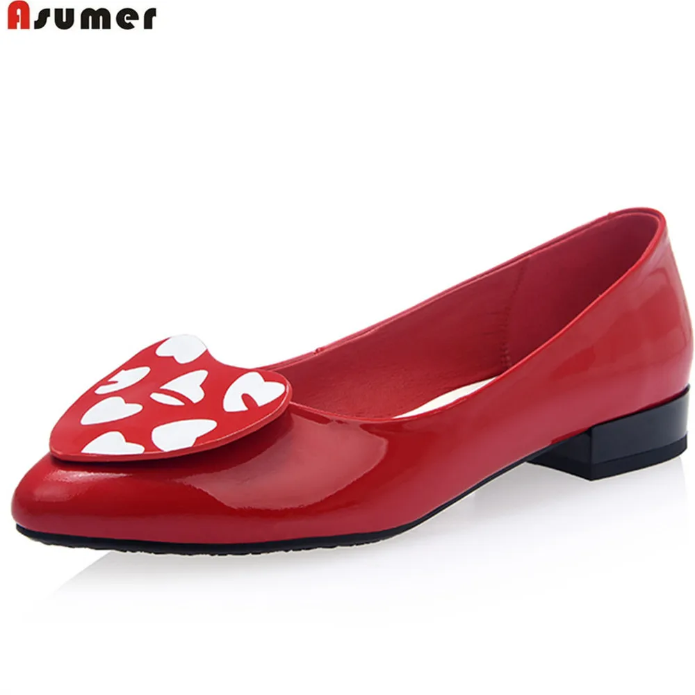 

ASUMER red white fashion spring autumn new 2018 square heel shallow round toe casual women cow patent leather low heels shoes