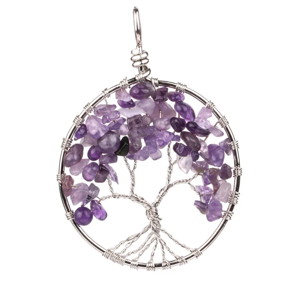 

Natural Amethyst Eternal Tree of Life Pendant with Round Alloy Plated Charm Ornament Crystal Healing Balancing Set GC1079