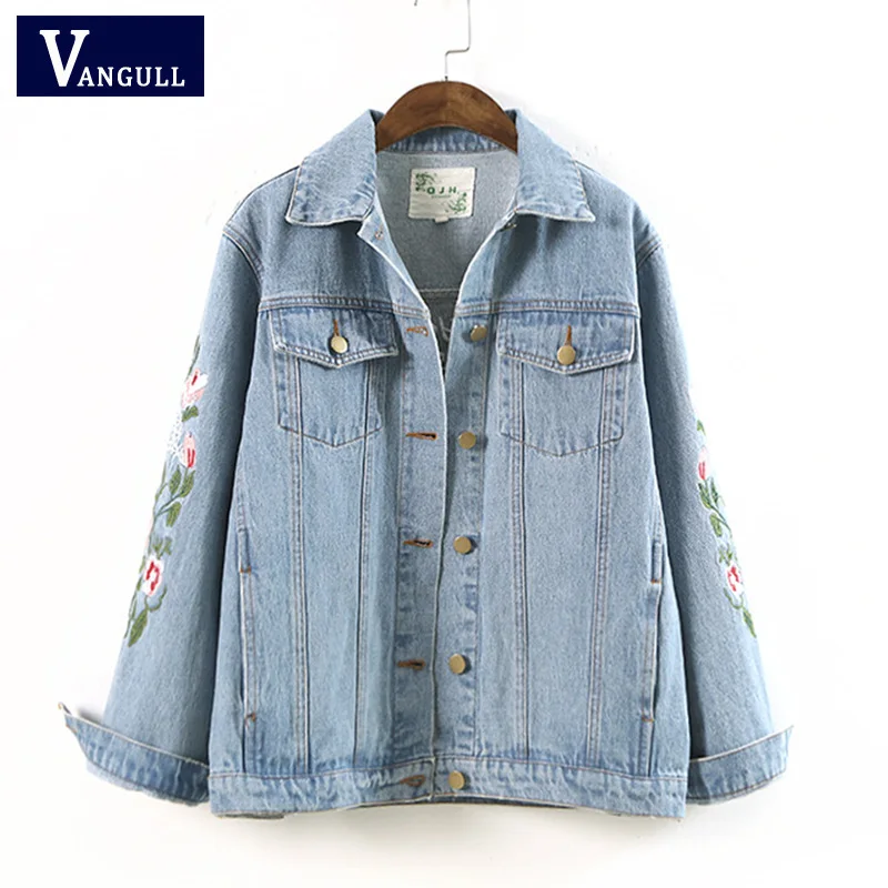 price cut Women Floral Embroied Denim Bomber Jacket Ladies Elegant Autumn Outwear Female Vintage Fashion Coat