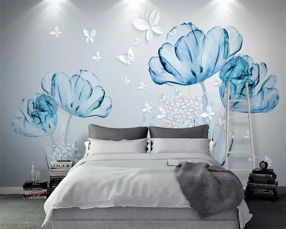 

beibehang Custom wallpaper 3d stereo blue transparent flower TV background wall simple European living room bedroom 3d wallpaper