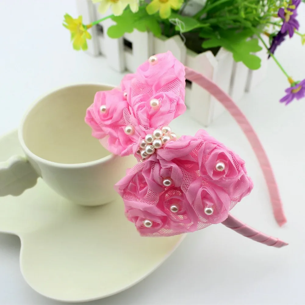 1 pieces baby Girls Flower Headbands Baby Pink hair Lace  Bow Hair lace bow band children girl Hair Accessories
