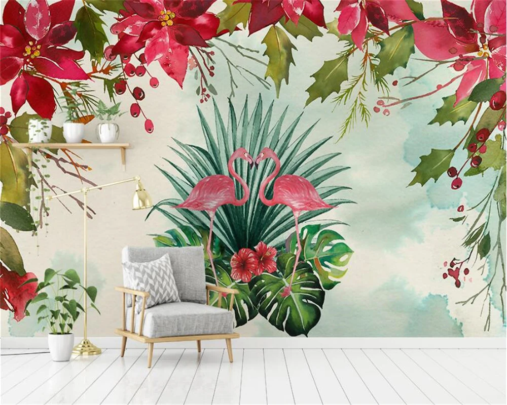 

Beibehang Custom wallpaper Hand drawn tropical flamingo plant Tv background Living room bedroom background murals 3d wallpaper