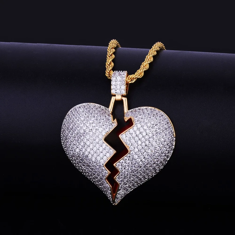 Iced Out цельное ожерелье с разбитым сердцем и подвеской с теннисной цепью золотого цвета, шикарное кубическое циркониевое мужское хип-хоп ювелирное изделие для подарка