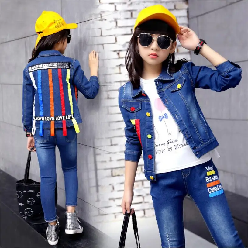 Girls denim suit spring autumn children fashion ribbon stitching casual