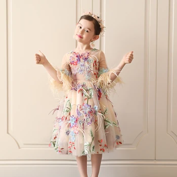 

Princess Girls Wedding Banquet Gowns Half Sleeve Floral Girl's Feather Dresses Luxury Flower Kids Girl Ball Gown Dresses S242