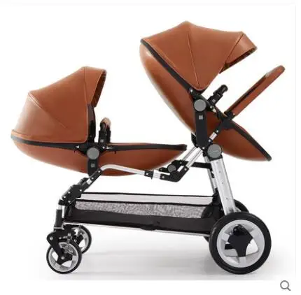 Babyfond Роскошные близнецы коляска с автокреслом 3 в 1 двойная коляска - Цвет: Brown PU