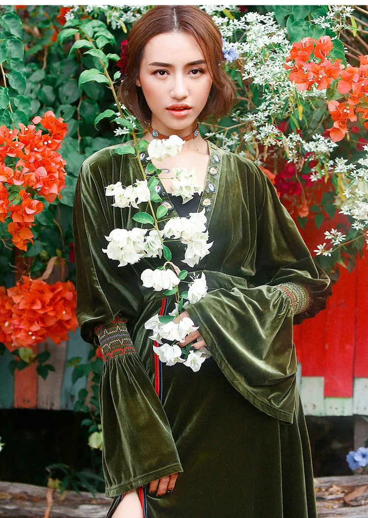 Весенне-осеннее женское винтажное элегантное тонкое платье с v-образным вырезом и Расклешенным рукавом с Боковым Разрезом, повседневное Свободное длинное черно-зеленое бархатное платье vestido, длинное