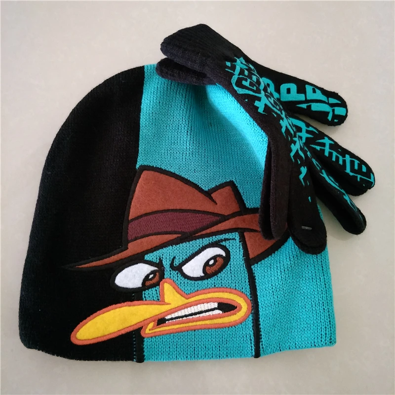 Phinas Ferb/зимние шапки с героями мультфильмов; Perry The Platypus Agent P; Детские кепки для мальчиков; Gorro Masculino Bones Skullies Beanies с перчатками