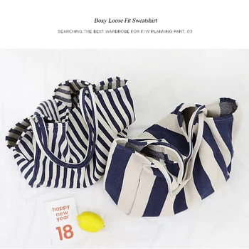 Women Canvas Large Shopping Bag Fashion Striped Cloth Reusable Tote Bag Leisure Shoulder Large Capacity Eco Shopper Bags 5