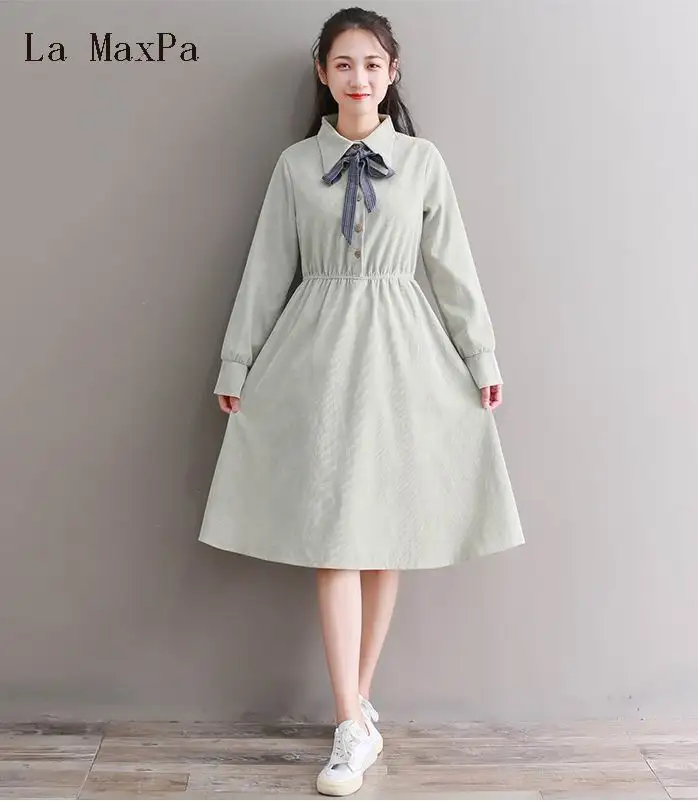 

Autumn Spring Women Elegant Dress Solid Bow Vintage Korean Vestidos De Festa Full Sleeve Mori Girl Corduroy Midi Kawaii Dress
