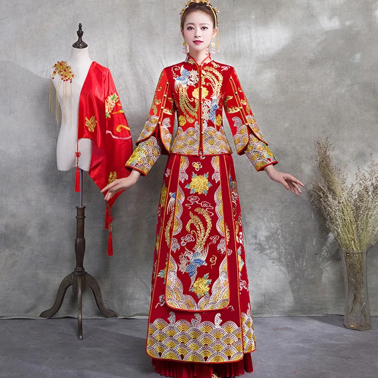 Древние китайские Свадебное платье Красный Восточный Для женщин Cheongsam костюм Феникс и цветочные традиционные Qipao тост Костюмы S-XXL