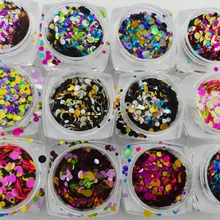 Быстро раскупаемый 1/2/3 мм голографический Блеск Mix голограмма в горошек на не сужающемся книзу массивном нейл-арта, украшенные сверкающими фиолетовыми синий золотого и красного цвета 12 шт набор Тонкий блестящий горошек