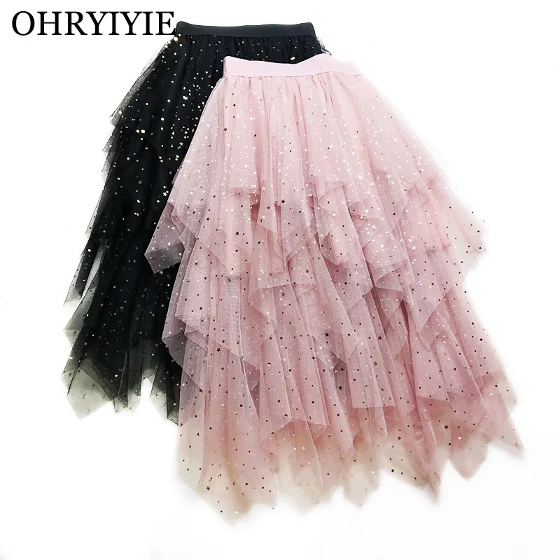 

OHRYIYIE Stars Sequined Tulle Tiered Skirts Women 2019 Spring Summer Long Elastic High Waist Tutu Skirt Female Party Midi Skirts
