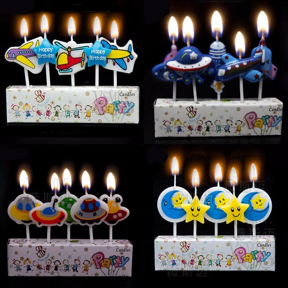 

Wholesale 60pcs Cool spaceman space craft Plane UFO airship Cartoon Art smokeless candle for Birthday cake decoration