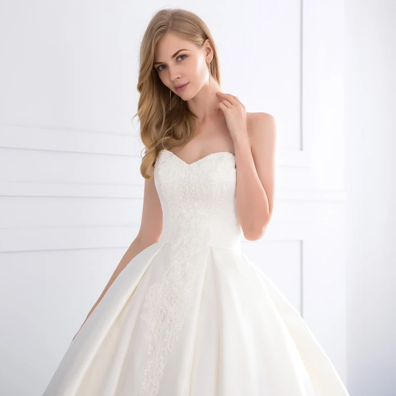 Sweetheart Satin Pearls Lace Appliques Cathedral Train Wedding Dress