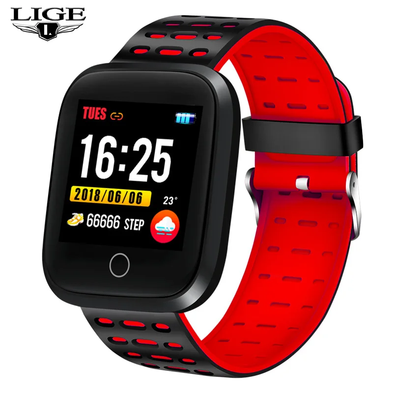 Leather red LIGE фитнес-трекер Браслет Смарт-часы для мужчин мониторинг сердечного ритма артериального давления водонепроницаемый спортивный браслет шагомер+ коробка - Цвет: Leather red