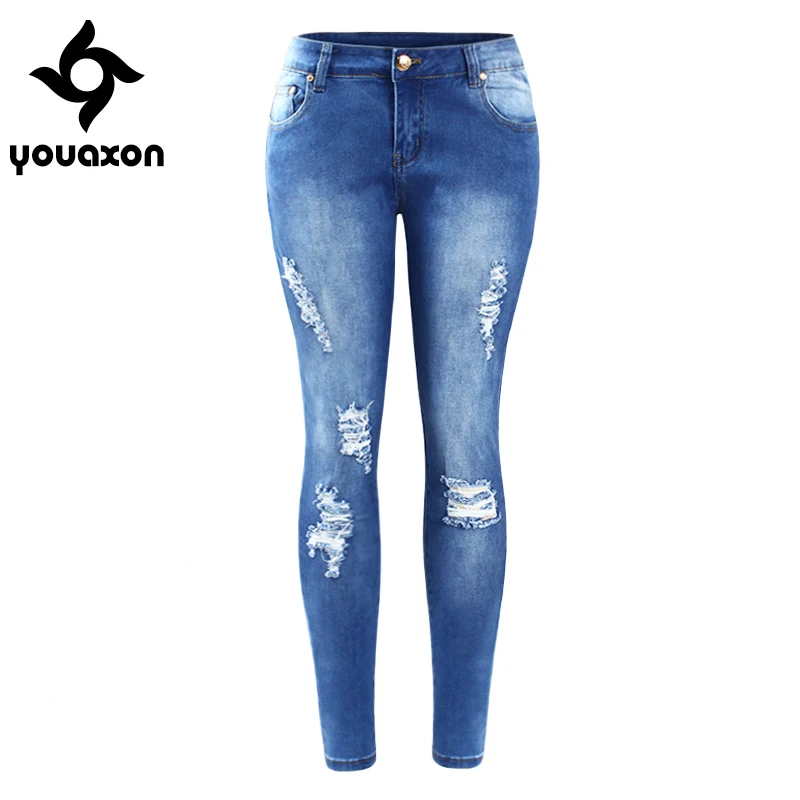 

2016 Youaxon EU SIZE Ripped Fading Jeans Women`s Plus Size Stretchy Denim Skinny Distressed Jeans For Women Jean Pencil Pants