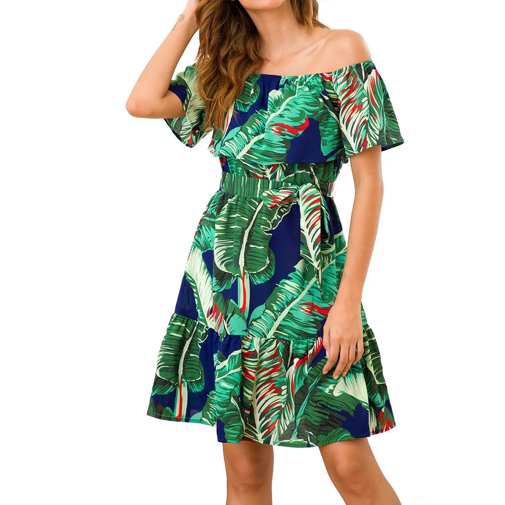 Женское повседневное мини-платье с принтом в виде листьев, свободное платье с открытыми плечами и бантом на поясе, женское повседневное пляжное платье с открытыми плечами, новинка A30531