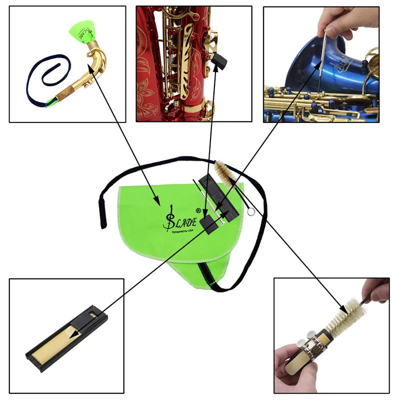 

SLADE Professional Saxophone Cleaning Kit Cane Clip+ Cloth + Mouthpiece Brush + Thumb Protector + Screwdriver Sax Part