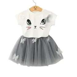 Прекрасный для маленьких девочек с рисунком милого кота футболки кружева юбки-пачки комплект модная летняя детская одежда Повседневная
