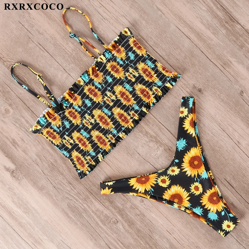 RXRXCOCO купальник женский бандо Бикини с высокой талией принтом летний оборками