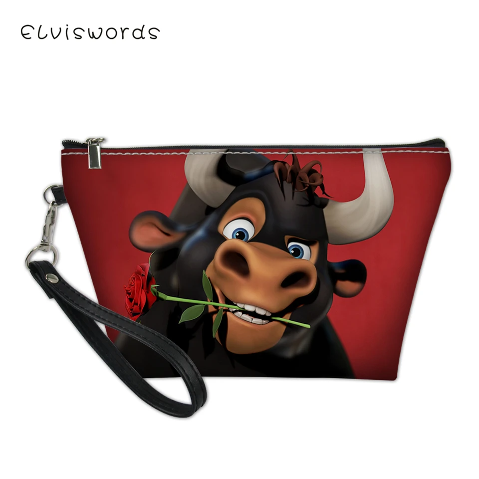 

ELVISWORDS Cosmetic Bag Ferdinand Pattern Functional Cartoon Women Fashion Leather Travel Make Up Necessaries Pouch Toiletry Kit