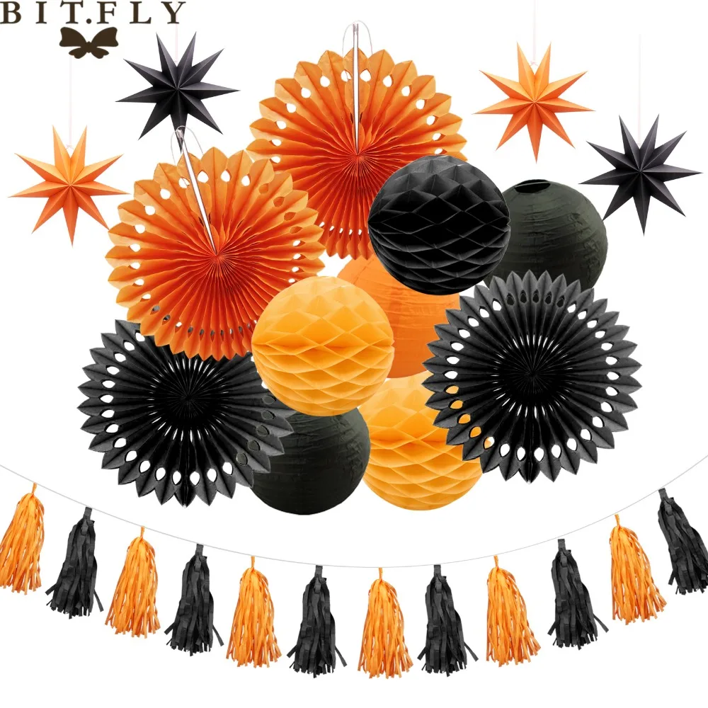 Halloween decoration paper lanterns,pull banners ,paper fan flowers,paper 3D starsand tassel for Party DIY decorations supplies