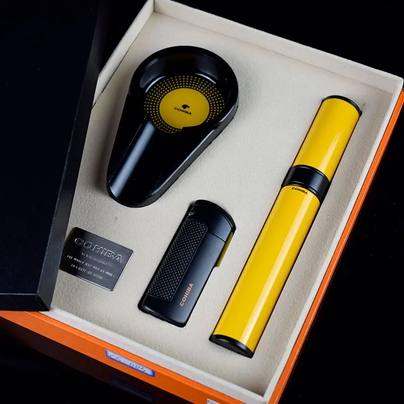 

New Arrival COHIBA Cigar Set Black Ashtray & 3 Jet Flame Gas Lighter & 1 Tube Humidor, Cigar Travel Gift Box