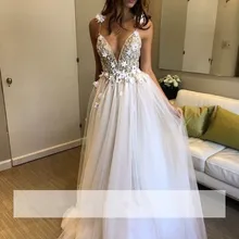 Пляжное платье Vestido De Noiva, свадебные платья трапециевидной формы с глубоким v-образным вырезом, фатиновые цветы, жемчуг, Дубай, арабское свадебное платье, свадебные платья