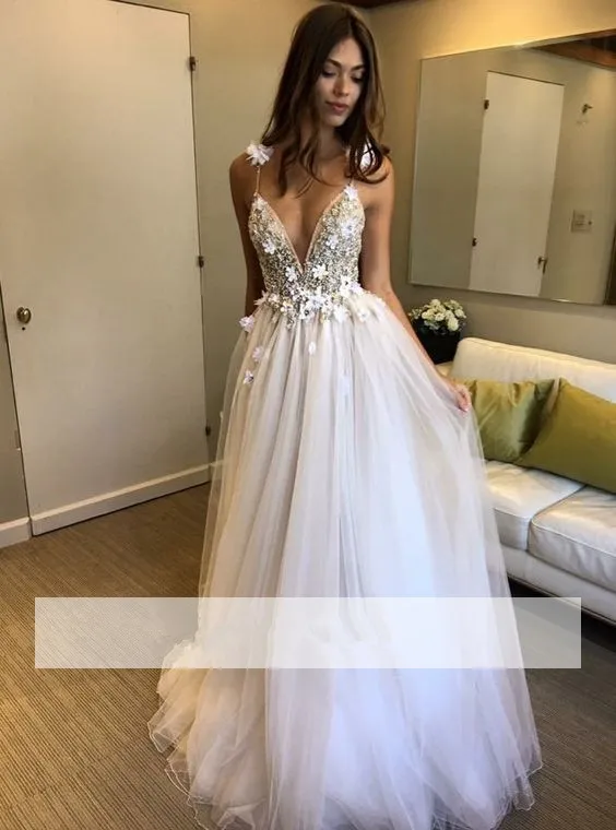 Пляж Vestido De Noiva 2019 Свадебные платья а-силуэта глубокий v-образный вырез Тюль Цветы Жемчуг Дубай арабское свадебное платье свадебные платья