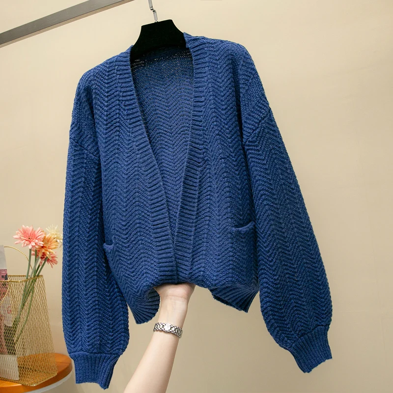 2019 For Girl Casual Knitted Sweater Autumn Korean Women Slim Solid Color Pocket Design Cardigan Khaki White Blue Brown