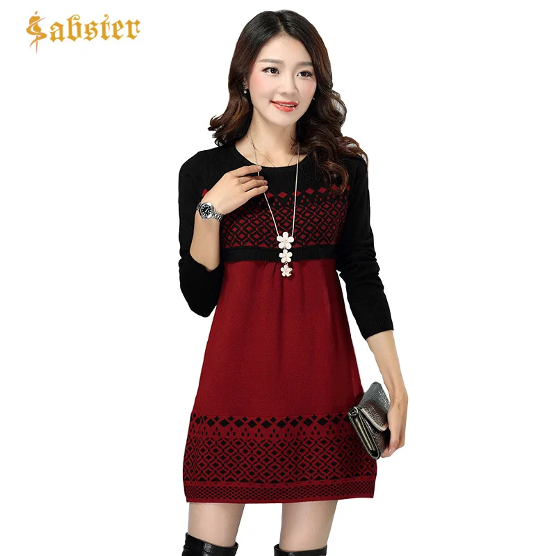 

2017 Women Sweater Dress Autumn Winter Warm Ladies Pullover Causal Loose Patchwork O-neck Full Sleeve Female Knitted Dresses