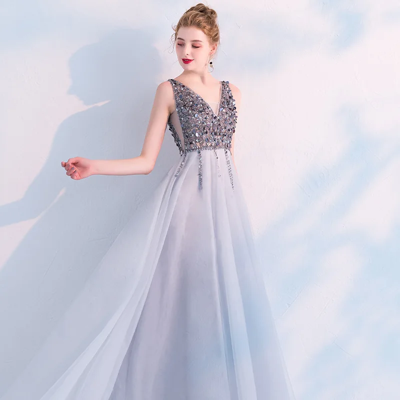 

Slim Sexy Sequins Deep V-neck Hollow Open Back Evening Dress Chinese Style Evening Dress Improved Qipao Vestidos Size S-XXXL