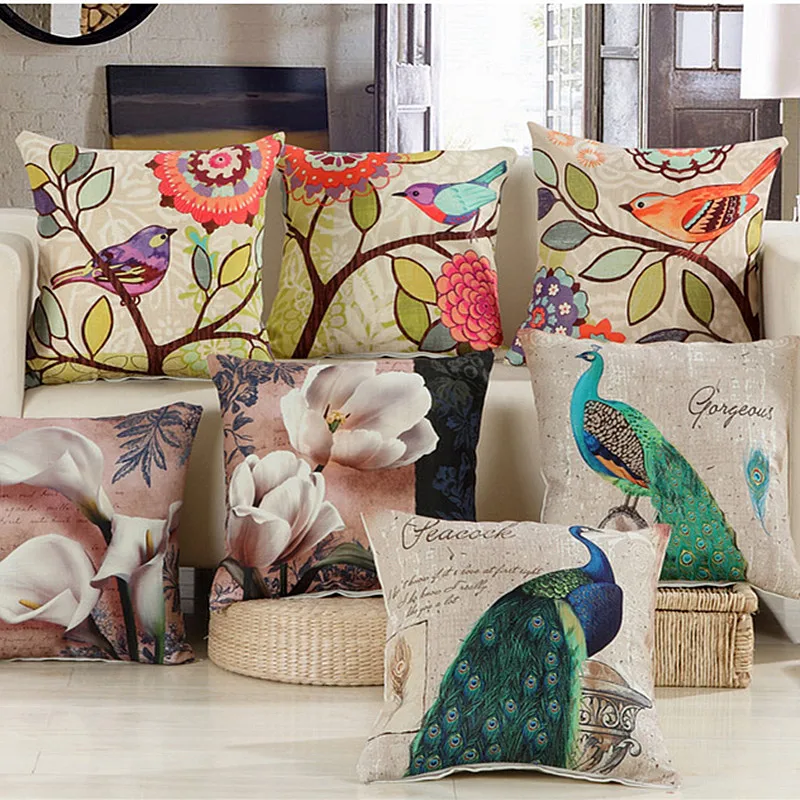 Wholesale Vintage Peacock Flowers Cushion Cover Decorative Linen Cotton Pillow Cover Home Decor