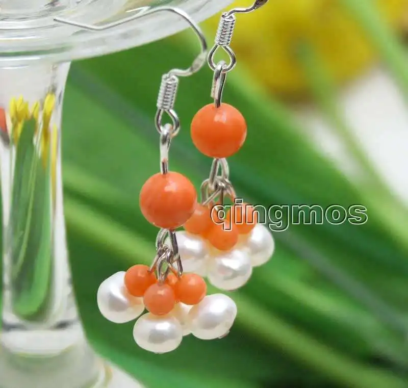 

Small 5-6mm White Round Natural Pearl with 3-5mm Pink Coral Dangle 1.5'' earring-ear520 wholesale/retail Free shipping
