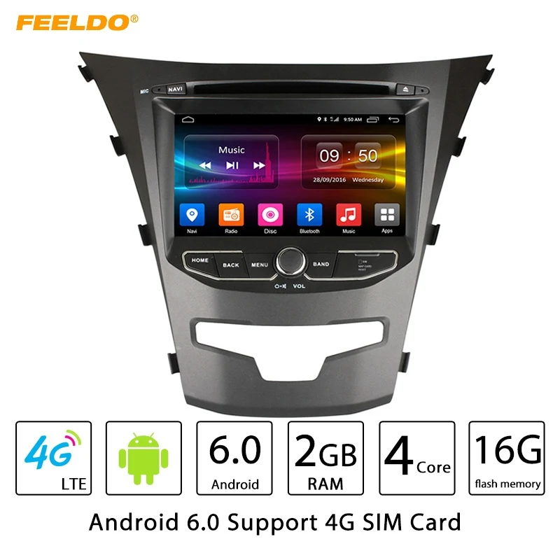 Top FEELDO 7" inch Android 6.0 (64bit) DDR3 2G/16G/4G LTE Quad Core Car DVD GPS Radio Head Unit For SsangYong New Actyon/Korano 0