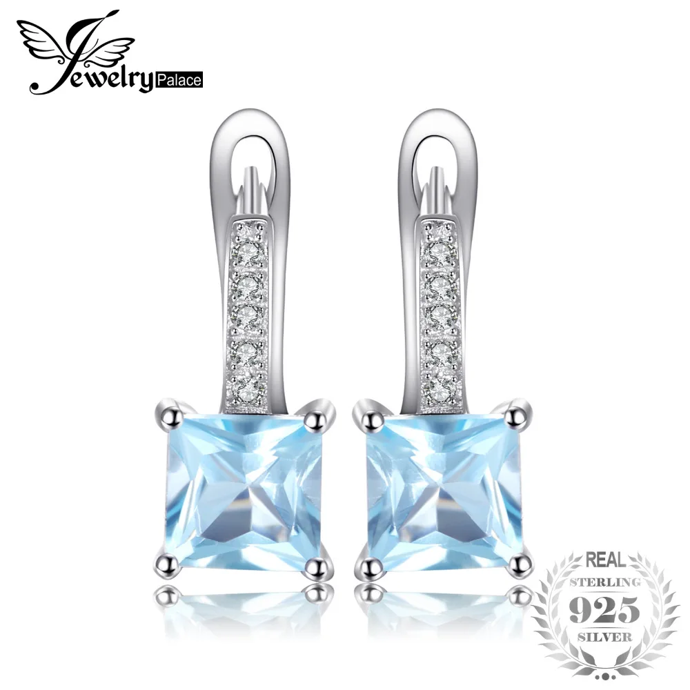 

JewelryPalace 1.5ct princess-cut Sky Blue Topaz Wedding Anniversary Hinged Backs Hoop Earrings Genuine 925 Sterling Silver