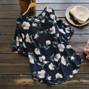 

Plus Size Women Ladies Casual Baggy Cotton Linen Floral Shirt Tops Blouses