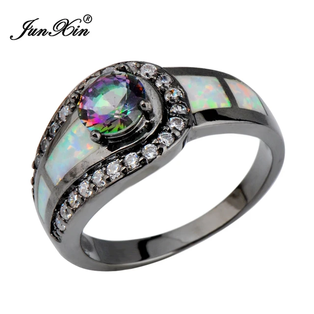 Rainbow Ball Female Opal Ring Black Gold Filled Jewelry Natural Rainbow Ball Female Opal Ring Black Gold Filled Jewelry Natural Stone Wedding Rings For Men And