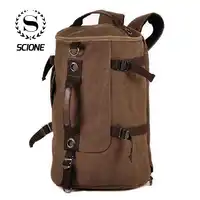 Scione Men Canvas Travel Backpacks Vintage Cylinder Casual Luggage Shoulder Bags Practical Portable Duffel Bagpack For Outdoor