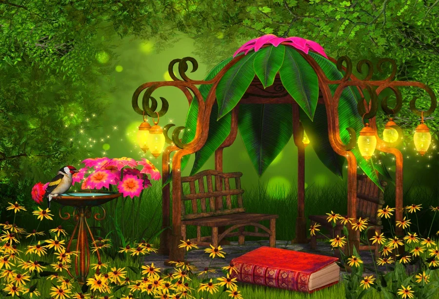 

Laeacco Fairy Tale Jungle Trees Chair Lamp Bird Book Flowers Baby Photography Background Customized Backdrop For Photo Studio