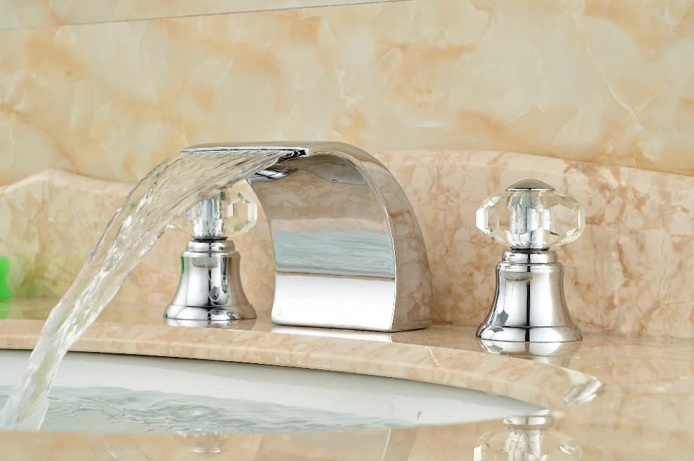 

Luxury Crystal Handles Widespread Bathroom Basin Faucet Waterfall Sink Mixer Tap
