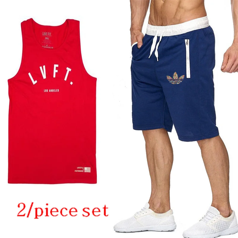 

Summer brand hot sale men's suit vest + pants two sets of casual sportswear men 2019 gym vest fitness men's trousers